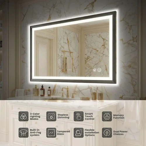 Miniatura 2 de HOUSE REFLECTION Espejo de baño LED de 20 x 28 pulgadas, marco negro, espejo de tocador antivaho con función de memoria, luz regulable y vidrio