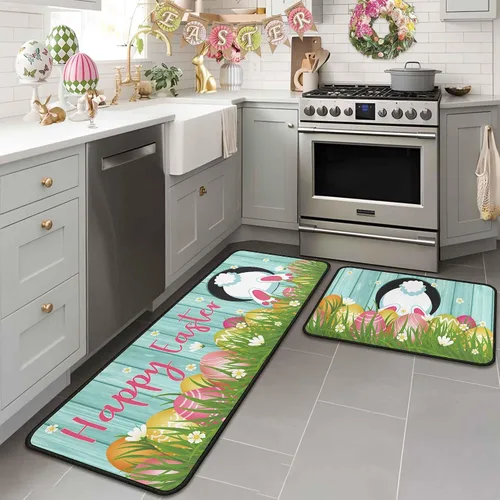 Miniatura 10 de Juego de 2 alfombras y tapetes de cocina de conejo de zanahoria y conejo, decoración de Pascua antideslizante, decoración de Pascua para el hogar