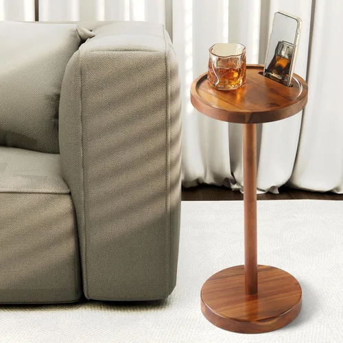 Miniatura 6 de Mesa auxiliar de pedestal, mesa de bebida de acacia con base pesada, mesa auxiliar redonda pequeña para espacios pequeños con soporte para teléfono