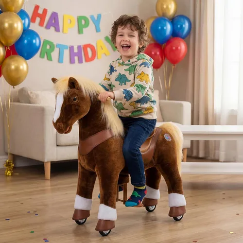 Miniatura 7 de PonyCycle Caballo para montar en pony avanzado modelo Y de peluche marrón juguete de caballo de montar tamaño 3 para edades 3–4, caballo balancín