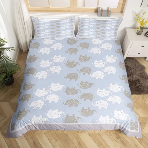 Juego de ropa de cama Kawaii de elefante, tamaño individual, bonita silueta de elefante blanco y gris, para decoración de dormitorio de niños, funda