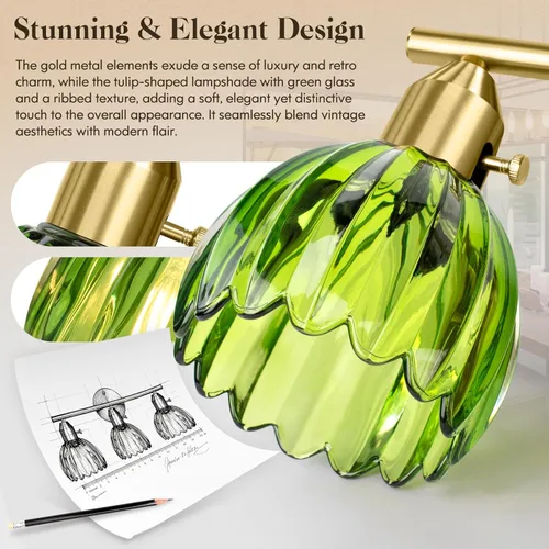 Miniatura 2 de Lámparas de baño – Luces de tocador doradas de 3 luces con pantalla de cristal de tulipán verde, accesorio de iluminación de baño de latón sobre Oro