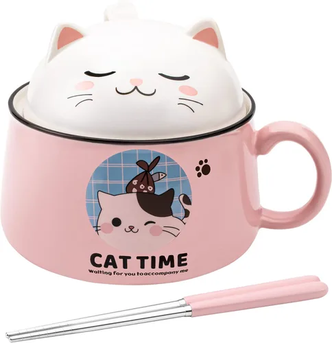 Miniatura 9 de Juego de cuencos para ramen con palillos, lindos cuencos de fideos instantáneos para ramen con diseño de gato lindo con tapa, cuencos de cerámica