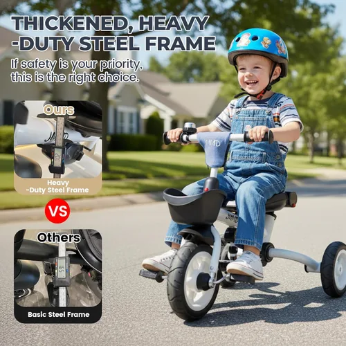 Miniatura 4 de JMMD Cochecito de triciclo 8 en 1 con asa de empuje, triciclo plegable con asiento giratorio de 360°, respaldo reclinable, ruedas todo terreno, Azul