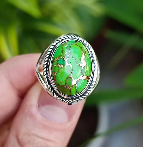 Miniatura 3 de Navya Craft Green Copper Turquoise Ring, 925 Sterling Silver Statement Promise Ring for Women, Natural Turquoise Oval Gemstone Handmade Boho