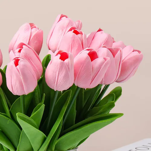 Miniatura 4 de 20 piezas de tulipanes de tacto real en jarrón, arreglos de tulipanes falsos con jarrón y agua falsa para decoración del hogar, mesa de comedor Rosa