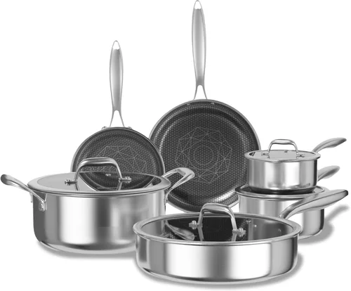 COOKER KING Juego de utensilios de cocina de acero inoxidable, juego de ollas y sartenes antiadherentes, utensilios de cocina de cerámica híbrida,