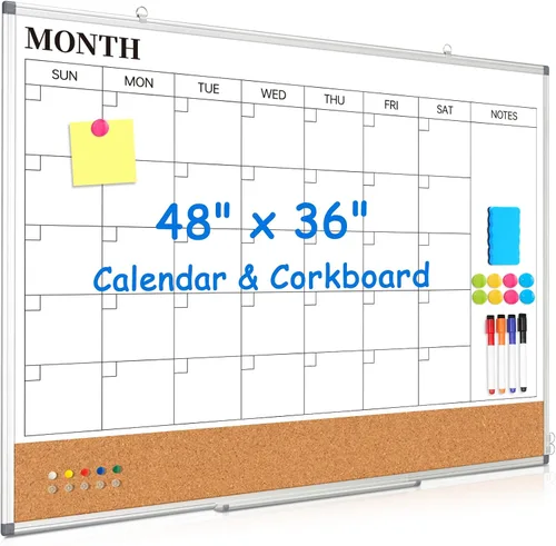 Miniatura 17 de Pizarra Blanca de Calendario Mensual de Borrado en Seco Combinada con Tablero de Corcho para Pared, 24" x 18" Calendario de Pizarra Blanca de Doble