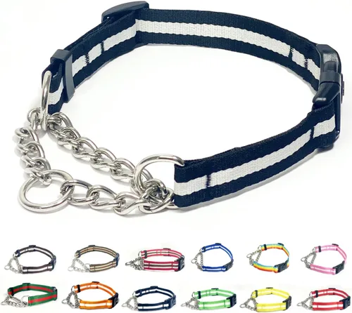 Collar Martingale para perros, collares de nailon ajustables con hebilla de liberación rápida, rayas multicolores, cadena de acero inoxidable,