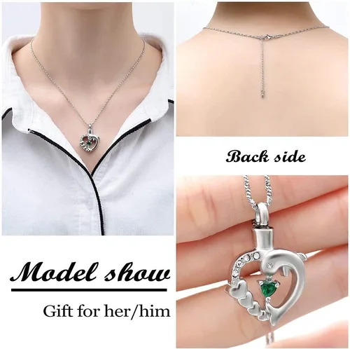 Miniatura 6 de Yinplsmemory Collar de urna de corazón de delfín para cenizas para mujer, colgante de urna de corazón de cristal, collar de recuerdo de cenizas