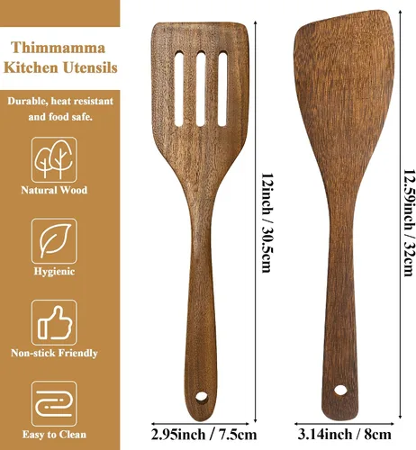 Miniatura 4 de Espátula de Madera Antiadherente Volteador de Madera de Acacia, Espátulas Planas para Freír con Mango Largo de 12 Pulgadas Hechas a Mano