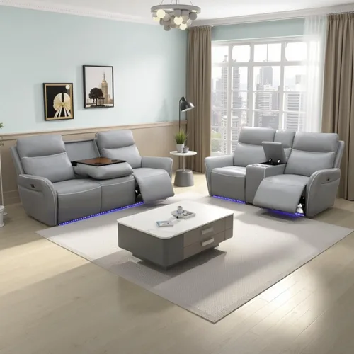 Miniatura 10 de Air Leather - Juego de sofá reclinable eléctrico con LED, juegos de muebles de sala de estar, juego de sofá reclinable eléctrico con puertos USB