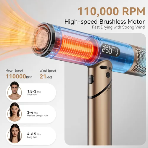 Miniatura 3 de Secador de pelo de alta velocidad de 110,000 RPM, secador de pelo iónico profesional de 1600 W con difusor, secado rápido, bajo ruido, plegable