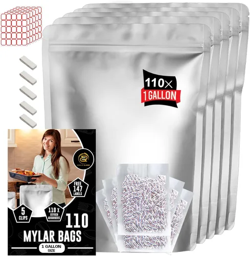 110 bolsas de Mylar de 1 galón con absorbentes de oxígeno de 500 cc x 110, 147 etiquetas y bolsas resellables reutilizables herméticas de 10