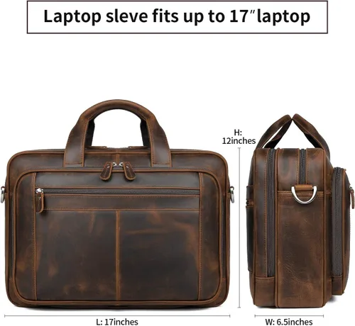 Miniatura 4 de Augus - Maletín de cuero para hombre de 16 pulgadas, bolso de hombro para laptop con correa de equipaje 100% full-grain leather, YKK zip, fits
