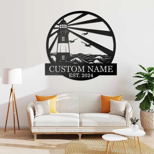 Miniatura 2 de Letreros de faro de metal personalizados Arte de pared de cabina al aire libre personalizado para playa costera Letrero de apellido Regalo