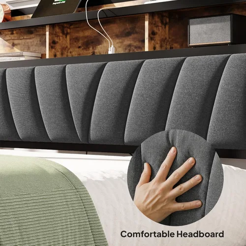 Miniatura 6 de Welzona Base de cama de tamaño matrimonial con estación de carga, cama LED con cabecera de almacenamiento tapizada, sólida y estable, sin ruido,