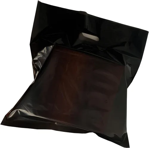 Krodtige Paquete de 100 bolsas de compras negras de 16 x 18 x 2 mil de grosor con asas troqueladas, bolsa de plástico brillante, perfectas para