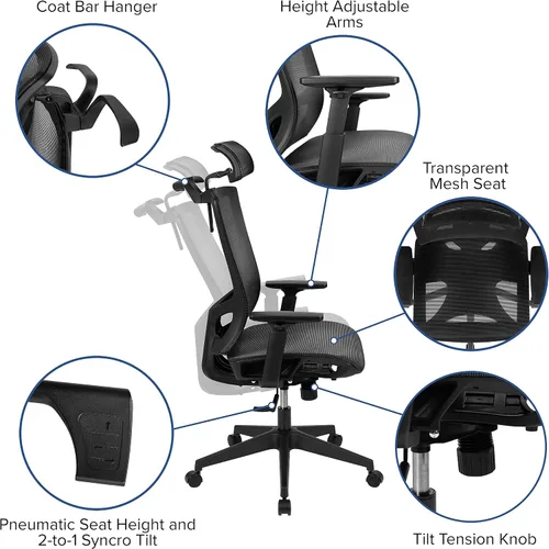 Miniatura 5 de Flash Furniture Layla - Silla de oficina ergonómica de malla con inclinación sincronizada, reposacabezas ajustable pivote, soporte lumbar, colgador