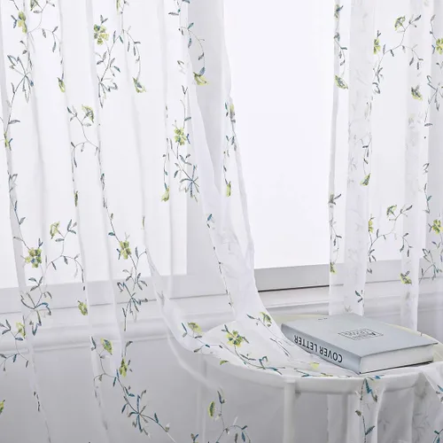 Miniatura 24 de Taisier Home Cortinas Traslúcidas Blancas Florales con Estampado de Flores y Bordado de Enredaderas para Dormitorio, Cortina con Bolsillo