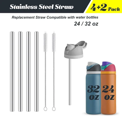 Miniatura 2 de 4 piezas de pajitas de acero inoxidable de repuesto compatibles con botella Owala 24 oz 32 oz, pajitas reutilizables con 2 cepillos de limpieza