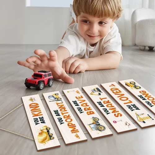 Miniatura 3 de HPNIUB Decoración de habitación de camiones de construcción para niños, con citas inspiradoras positivas, letrero de placa colgante, letrero