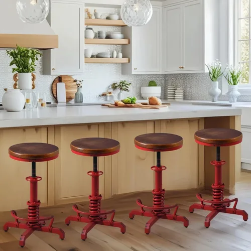 Miniatura 9 de Topower Industrial Retro Vintage Farm Asiento de madera Tractor Taburete Cocina Giratorio Altura Ajustable Taburete de bar Rojo Antiguo
