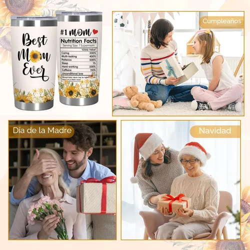 Miniatura 6 de TEEZWONDER Regalos para el Día de la Madre para mamá de hija e hijo, # 1 Información nutricional de girasol, vaso de café aislado de acero