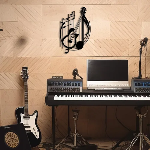Miniatura 6 de YATEASLU Arte de pared de guitarra, decoración de guitarra, decoración de notas musicales de metal para el hogar, regalo único de arte de pared