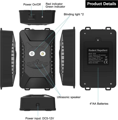 Miniatura 7 de Tirgo 2 piezas Repelente de Roedores para Coche Bajo el Capó, Repelente de Ratones Ultrasónico con Luz Estroboscópica, Alimentado por Batería