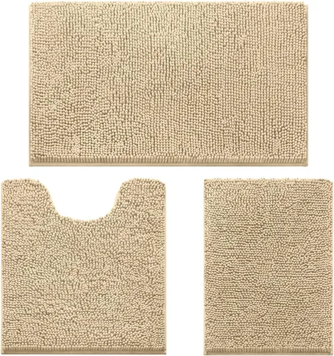 HOMEIDEAS Juego de 3 alfombras de baño, ultra suaves, antideslizantes, absorbentes, de chenilla, juego de alfombrillas de baño para inodoro (beige)