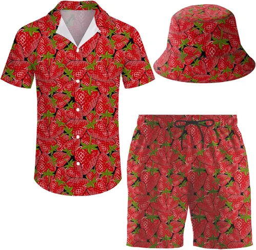 Miniatura 39 de Conjunto deportivo de 2 piezas para hombre, camisa hawaiana, pantalones cortos, camisa con botones y pantalones cortos con sombreros de pescador
