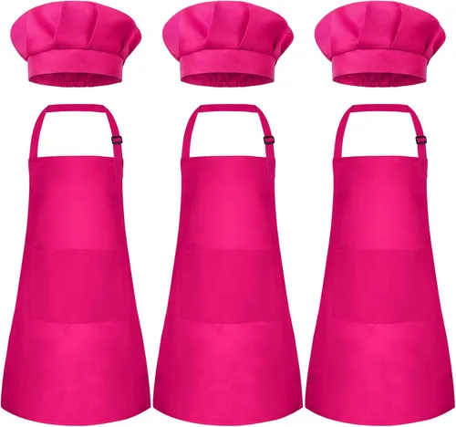 Miniatura 20 de Conjunto de Delantal y Gorro de Chef para Niños, Delantal Infantil Ajustable con 2 Bolsillos, para Niños Chef y Pintura, Cocinar, Hornear