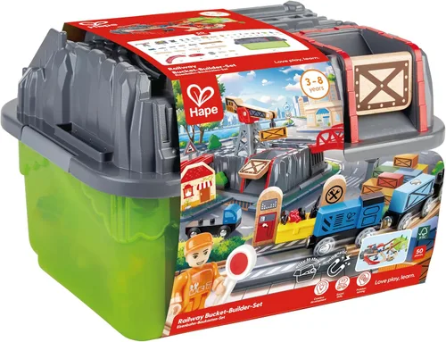 Miniatura 2 de Hape Conjunto Railway Bucket Builder Juguete de Tren de Madera Multicolor de 50 Piezas, Kit de Construcción para Niños