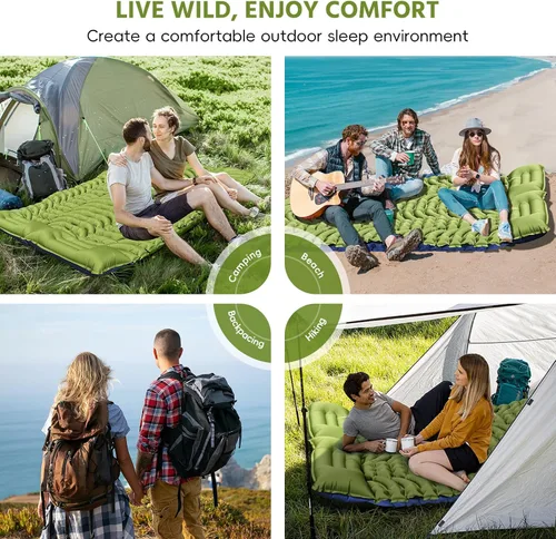 Miniatura 7 de Almohadilla de dormir doble para campamento, autoinflable de 4 pulgadas, extra gruesa, para 2 personas con almohada, bomba de pie incorporada