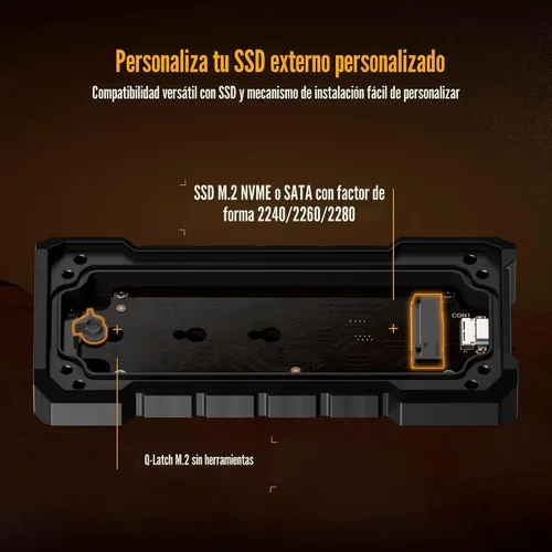 Miniatura 3 de ASUS TUF Gaming A2- Carcasa SSD portátil USB-C 3.2 Gen 2x2, Dual M.2 NVMe PCIe y SATA, resistencia a caídas MIL-STD-810H, resistencia al agua y al