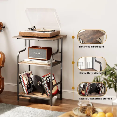 Miniatura 6 de Soporte para tocadiscos, mesa para tocadiscos de 3 niveles, almacenamiento de discos de vinilo con escritorio extragrande, mesa auxiliar para discos