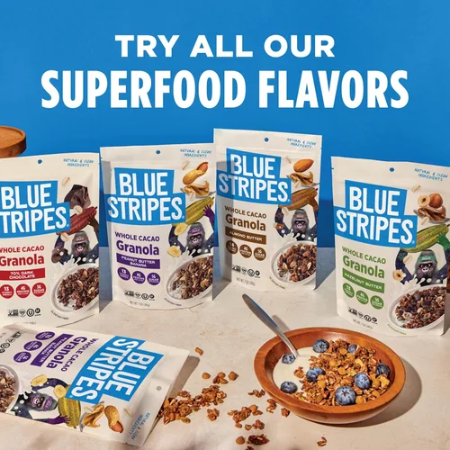 Miniatura 6 de Blue Stripes Granola de cacao entero con mantequilla de maní y plátano, 8 onzas