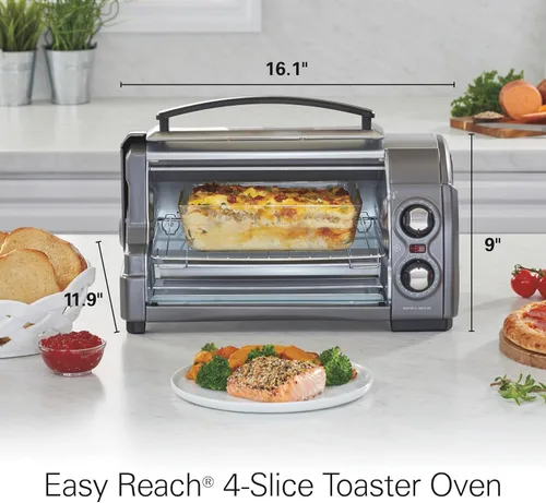 Miniatura 9 de Horno tostador Hamilton Beach Easy Reach para encimera, 4 rebanadas, con puerta enrollable, 1200 vatios, para pizza de 9 pulgadas, 3 funciones