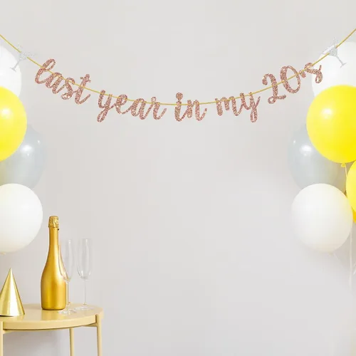 Miniatura 7 de Cartel de feliz cumpleaños número 29 y 30 años con purpurina de oro rosa con purpurina del año pasado en mis 20, divertida decoración de fiesta