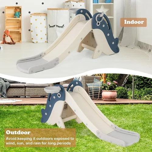 Miniatura 8 de BABY JOY Tobogán plegable para niños pequeños, juego independiente de escalador para bebés con aro de baloncesto, juego de tobogán para niños
