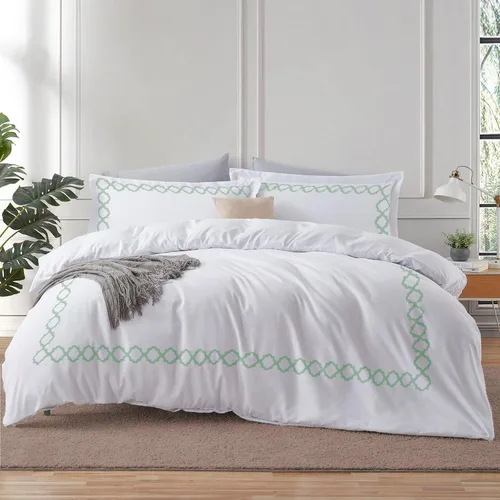 BedDecor: Enchanted Oasis - Juego de funda de edredón de 3 piezas de 600 hilos de algodón egipcio con bordado de cuadrifolio, ultra suave, tamaño