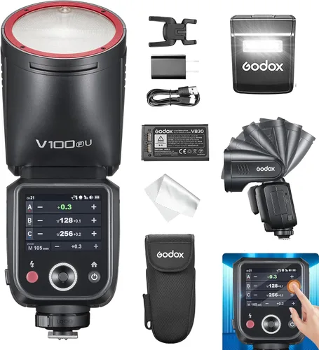 Godox Flash V100-F para cámara Fuji,Cámara de cabeza redonda Flash Speedlite,TTL Pantalla táctil 2.4G Sistema inalámbrico X para Fuji (actualización