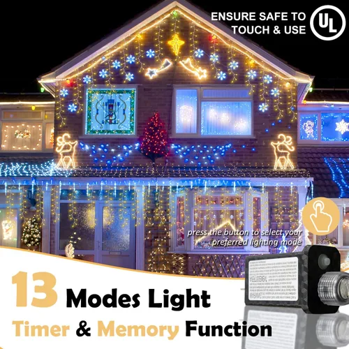 Miniatura 3 de AWQ 320 luces LED de carámbano de Navidad de 26 pies, tira de luces parpadeantes con 13 modos, temporizador y función de memoria, luz de Navidad