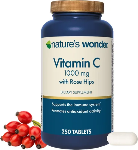 Nature's Wonder Vitamina C 1000 mg con tabletas Rose HIPS para la salud inmunológica, 250 porciones, 250 unidades