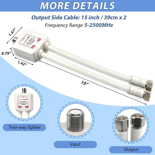 Miniatura 2 de Divisor de satélite de 5 a 2500 MHz, divisor CATV de 2 vías con cable coaxial RG6 y 2 conectores, para alimentación de paso a LNB, mejora la calidad