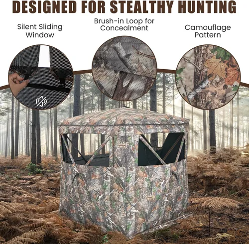 Miniatura 5 de GYMAX Persiana de caza, para 3 personas, con diseño de ciervo de camuflaje con deslizamiento silencioso, ventanas, bolsa de transporte, persiana