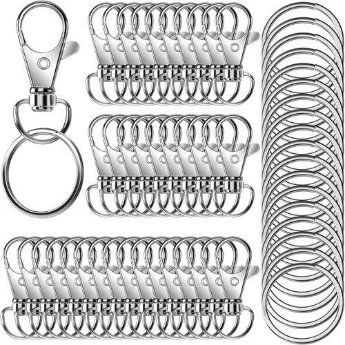 100 llaveros giratorios de alta calidad con llaveros, clip de llavero de metal y llavero, 50 ganchos para llaveros y 50 llaveros para cordón, Plata