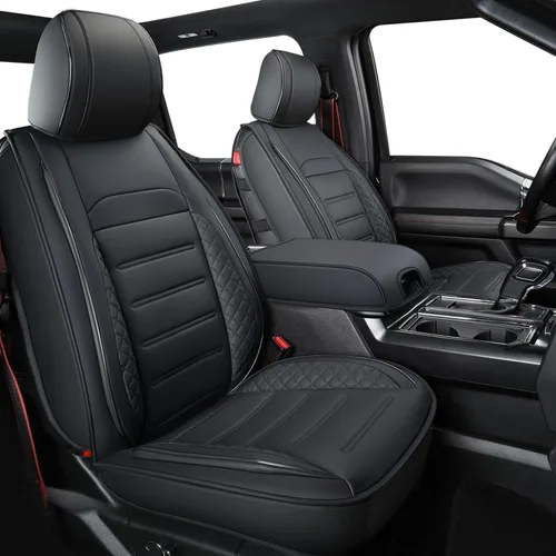 LUCKYMAN CLUB Fundas de asiento de piel sintética para F150, compatibles con F150 SuperCrew 2015-2024, y F250 F350 F450 Super Duty Crew Cab Negro