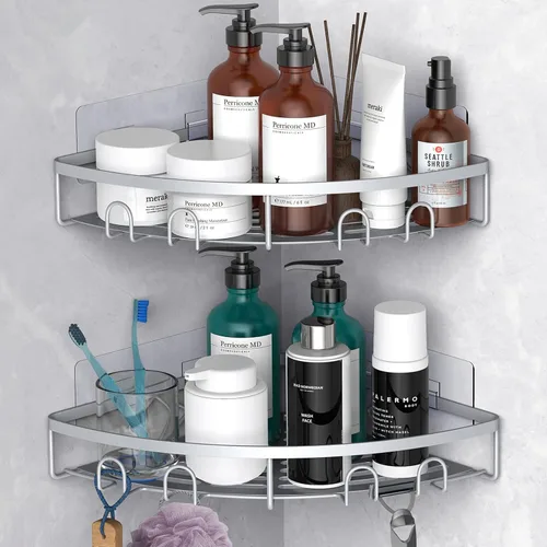 Miniatura 11 de Organizador de esquina para ducha, paquete de 2 estantes organizadores adhesivos para baño, ducha, sin perforaciones, a prueba de óxido, para montar